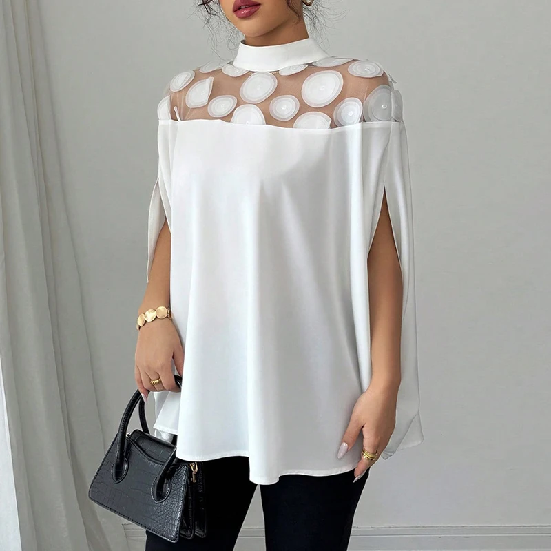 ファッション エレガント ドット シースルー ハイネック トップス レディース ブラウス 2025 新作 春夏 カジュアル 無地 ルーズ 半袖 シャツ