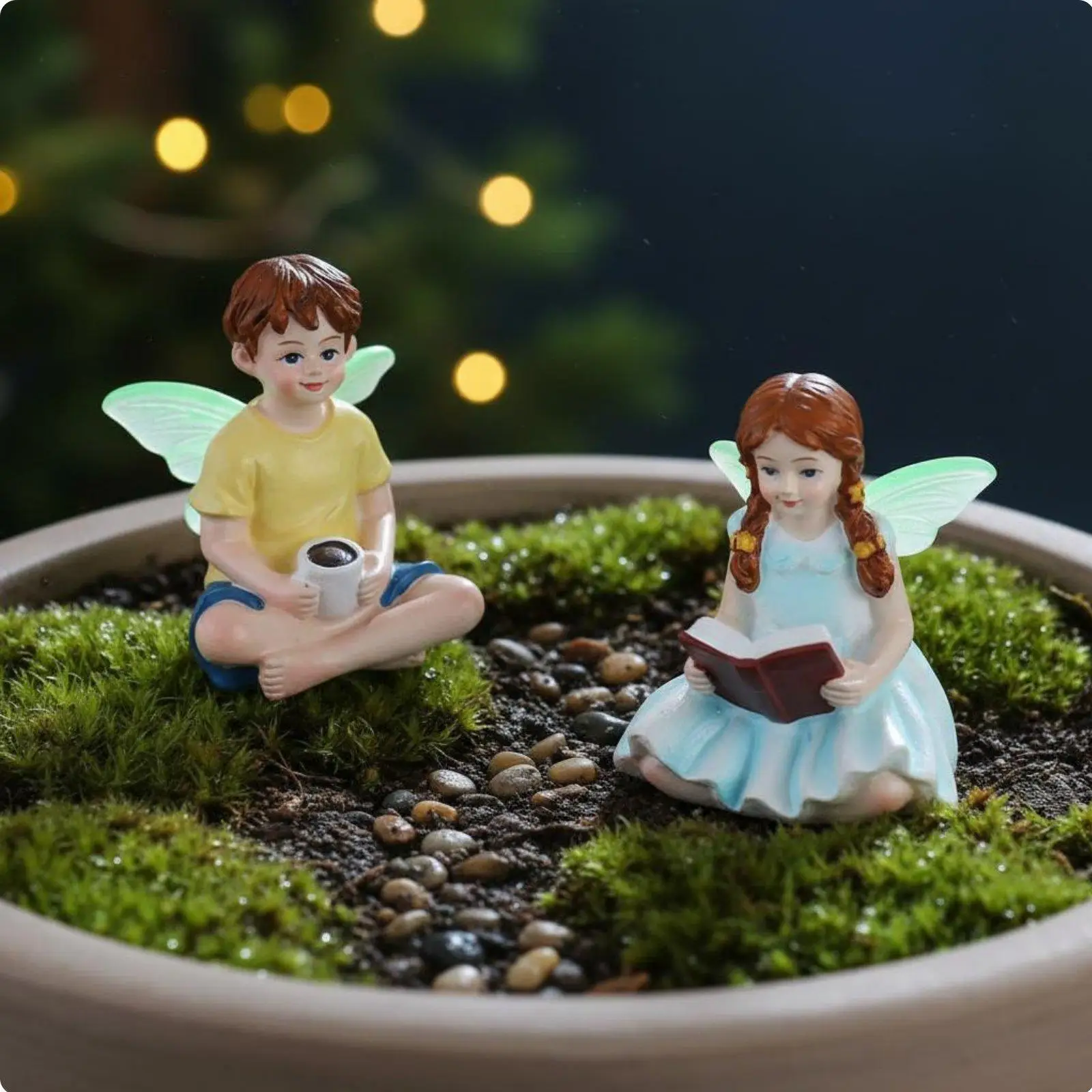 2 Pieces Reading Fairy Children Statues Artisanal Look Garden Accessory
