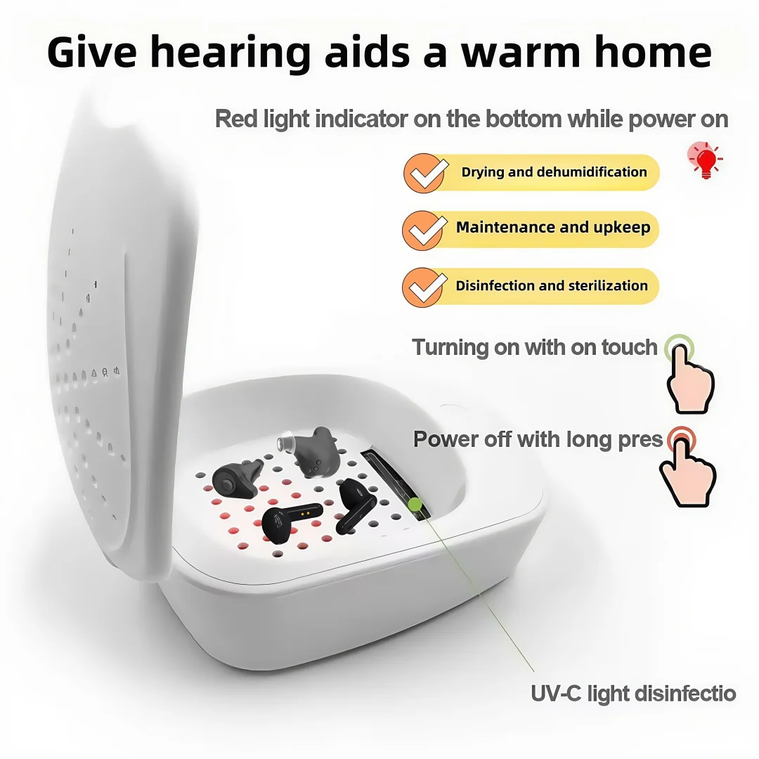 

Special electronic dryer for hearing aids, used for dehumidification, disinfection, and maintenance of hearing aids to extend th