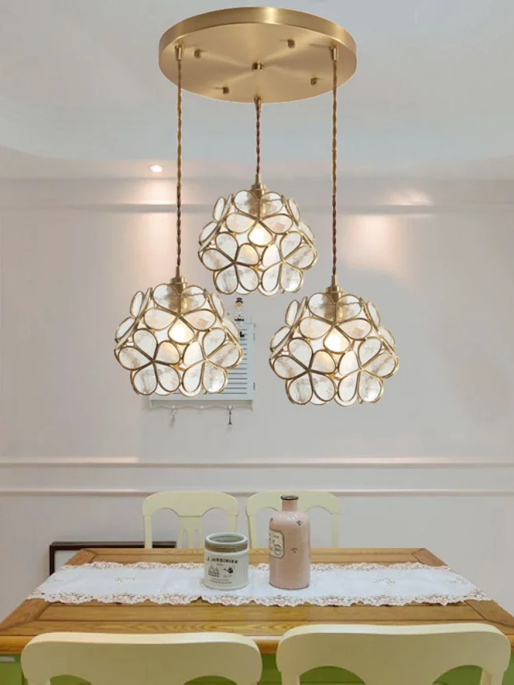 NEW Lamp Three-Head Bar Counter Small Droplight Dining-Room Lamp Copper Petals Pastoral Chandelier  led light