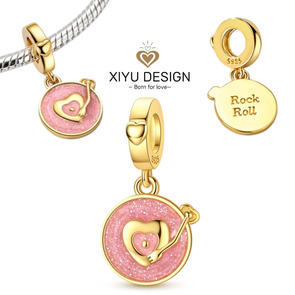 

925 Sterling Silver Gold Rock Roll Love Record Player Charm Beads DIY Bracelet Necklace Women Exquisite Jewelry Music Party Gift