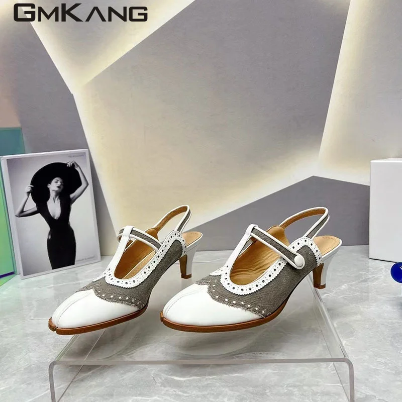 

New Round Heels Women Pumps Genuine Leather Mary Jane Shoes Split Toe Shoes Buckle Strap High Heels Runway Shoes Woman