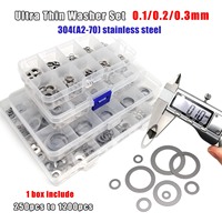 1 Box 0.1mm 0.2mm 0.3mm Thick Ultra Thin Flat Washer Adjusting Shim Plain Gasket Kit Set Mix Size M3 to M20 304 Stainless Steel
