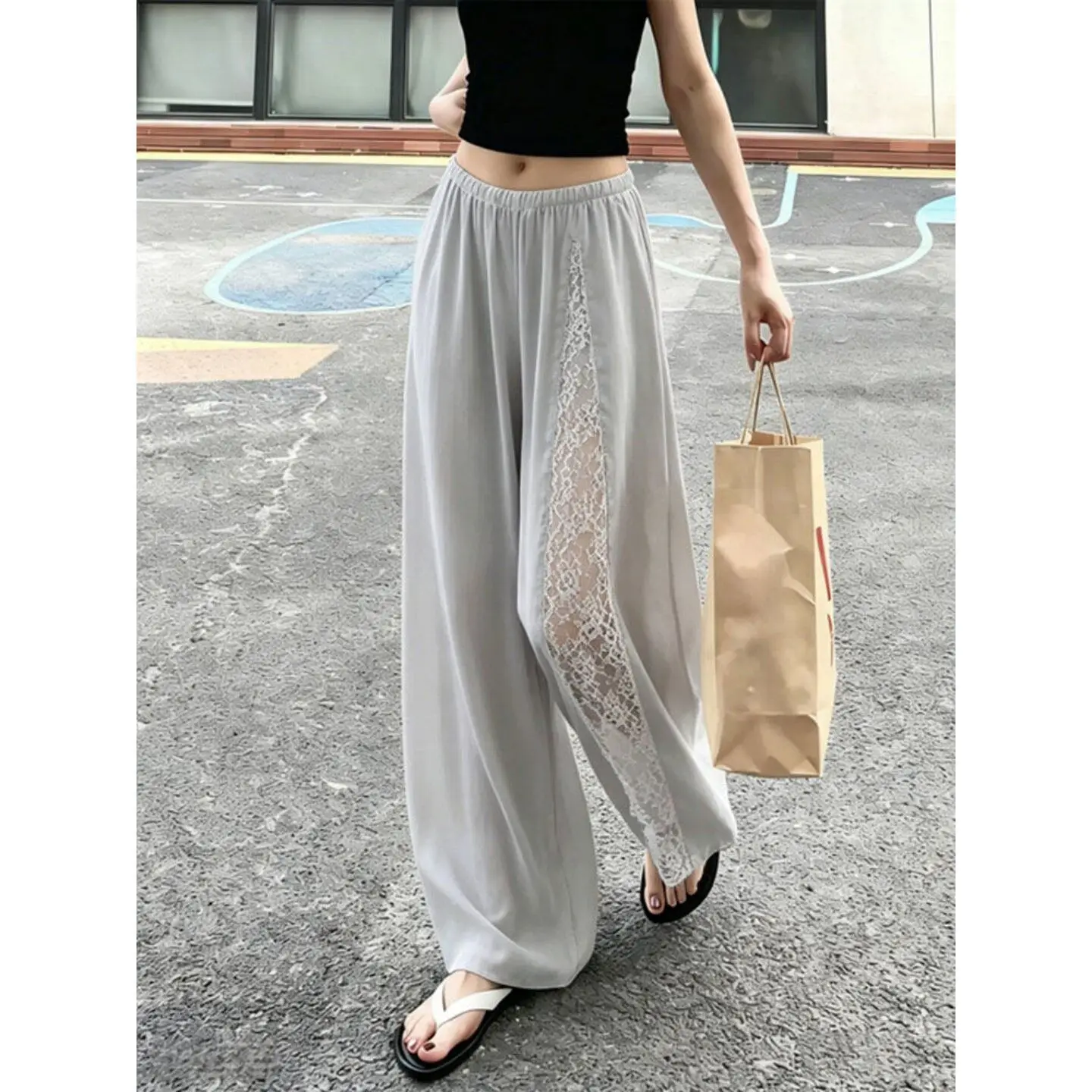 Lazy Style Gray Lace Spliced ​​wide-leg Pants for Women, New Summer High-waist Slimming and Drapey Versatile Casual Trousers