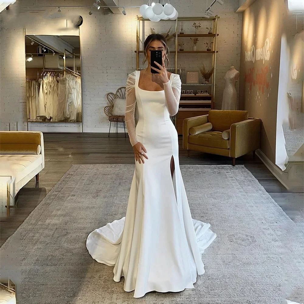 Square Collar Wedding Dress For Women Full Sleeves Simple Bridal Gowns Split Vestidos De  Customize To Measures 2024 Bride Gown