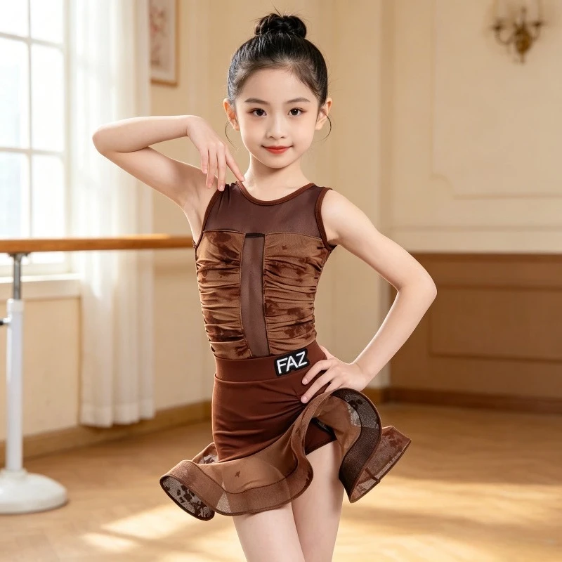 

Girls Coffee Patchwork Latin Dance Dress Puffy Skirt Cha Cha Dance Performance Stage Costume New Arrival Performance Accessories