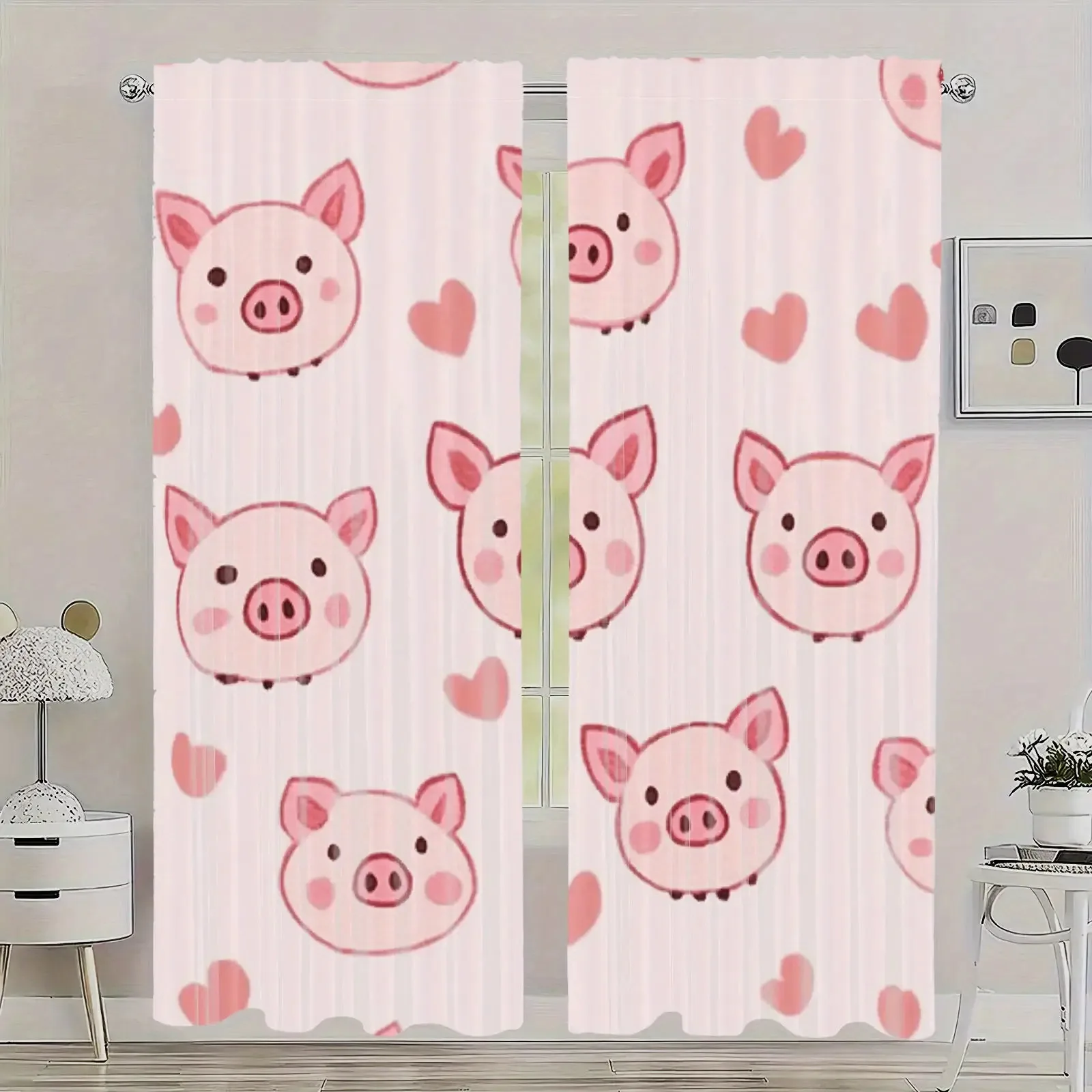 2 Panels Pink Piggy Curtains Cute Animal Art Print for Bedroom Living Room Dining Room Home Holiday Decorative Drapes