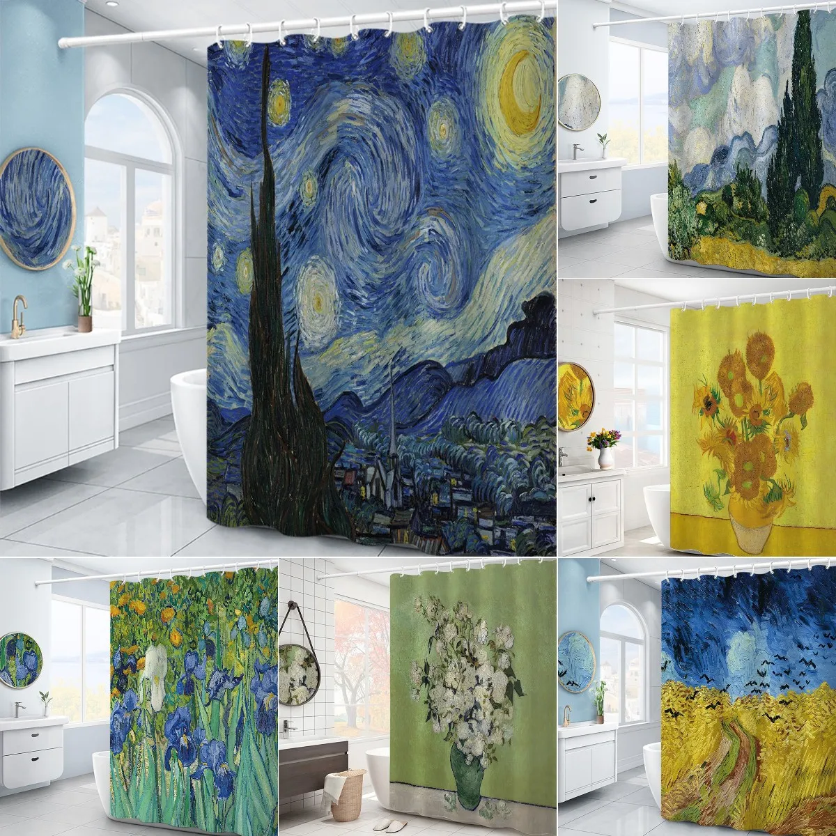 Van Gogh Starry Night Shower Curtain Oil Painting Abstract Art Blue Sky White Cloud Star Moon Scenery Bathroom Decor with Hooks