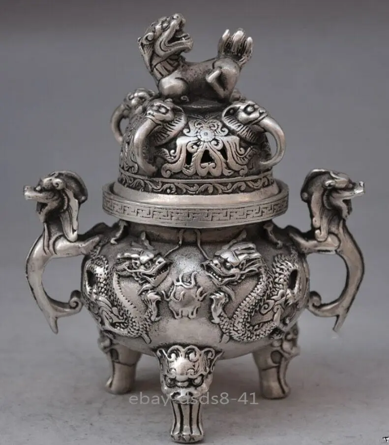 bruleur-d'encens-bouddhiste-chinois-manuel-vieille-argent-cuivre-dragon-lion-statues