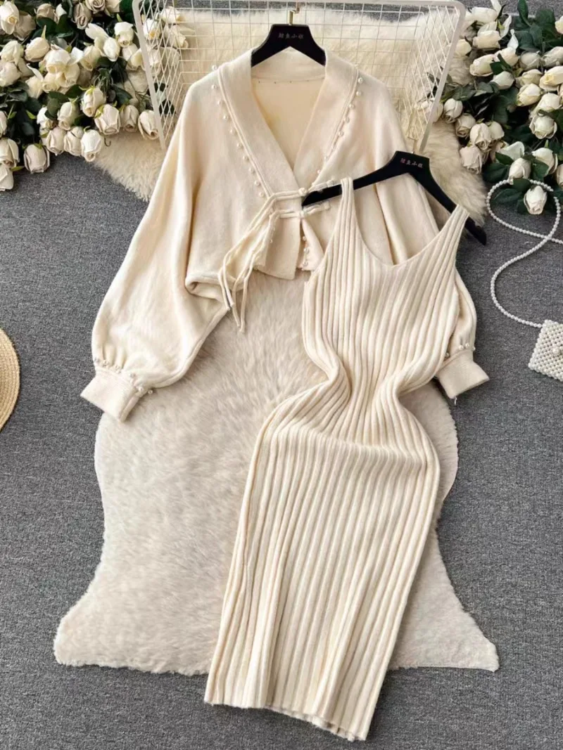 New High End Autumn Winter Fashion Dress Sets Women Knitted Vintage Casual Loose Shawl Coat + Sexy Sling Dresses Christmas Suit