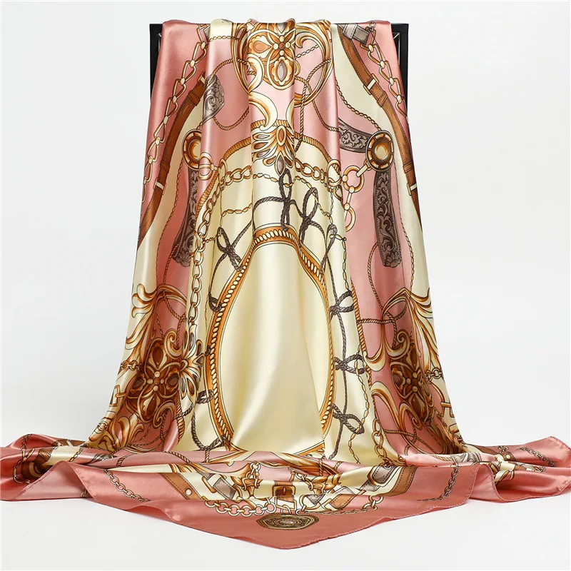 90 سنتيمتر سلسلة طباعة منديل الحجاب وشاح للنساء الحرير الساتان عقال الأوشحة الشعر الإناث ساحة شالات السيدات رئيس باندانا