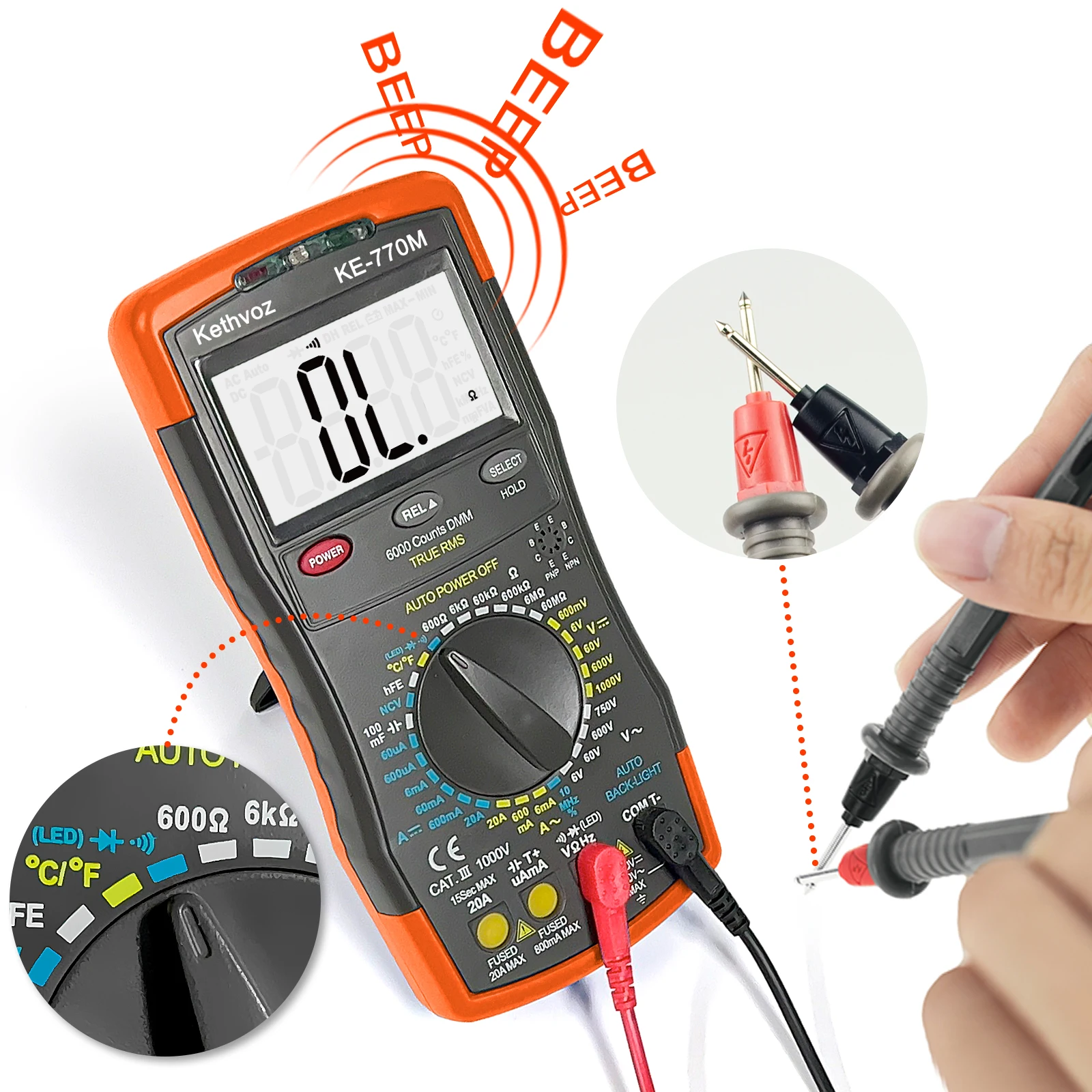 Kebovz KE-770M Multimeter Digital, pendeteksi RMS jangkauan otomatis AC/DC Ammeter Voltmeter Ohm NCV HFE penguji Transistor multimetro