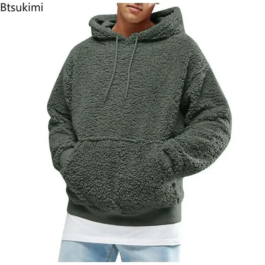 2024 pria tebal hangat berbulu Hoodie Pullover Sweatshirt bulu domba atasan musim gugur musim dingin kasual berkerudung padat Hoodie mantel Jumper pria