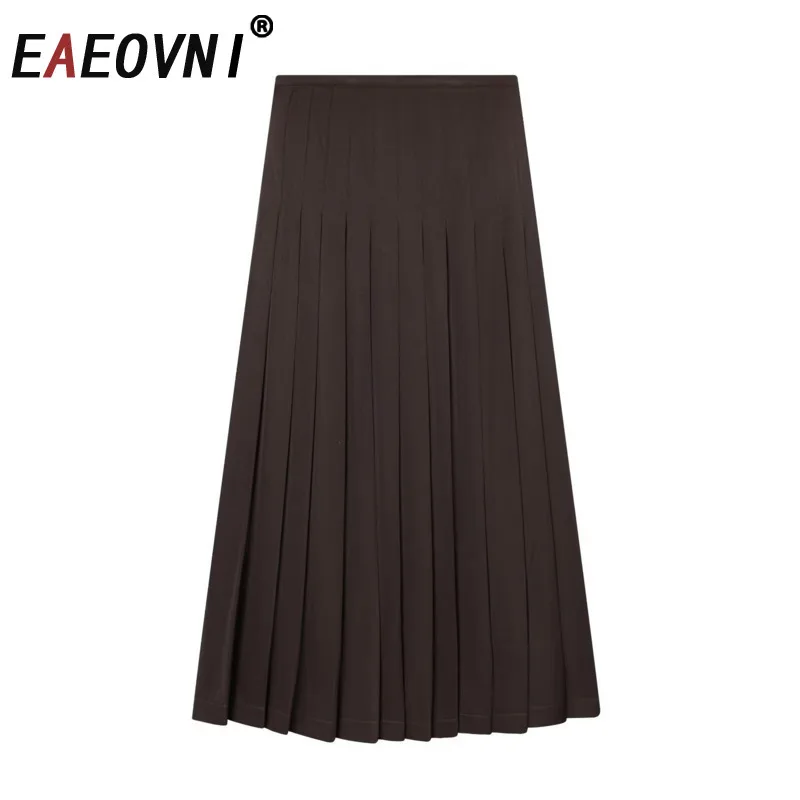 

EAEOVNI Vintage Folds Design Women's Skirt High Waist Zipper Solid Color A Line Long Skirts Fashion 2026 Spring New Clothing
