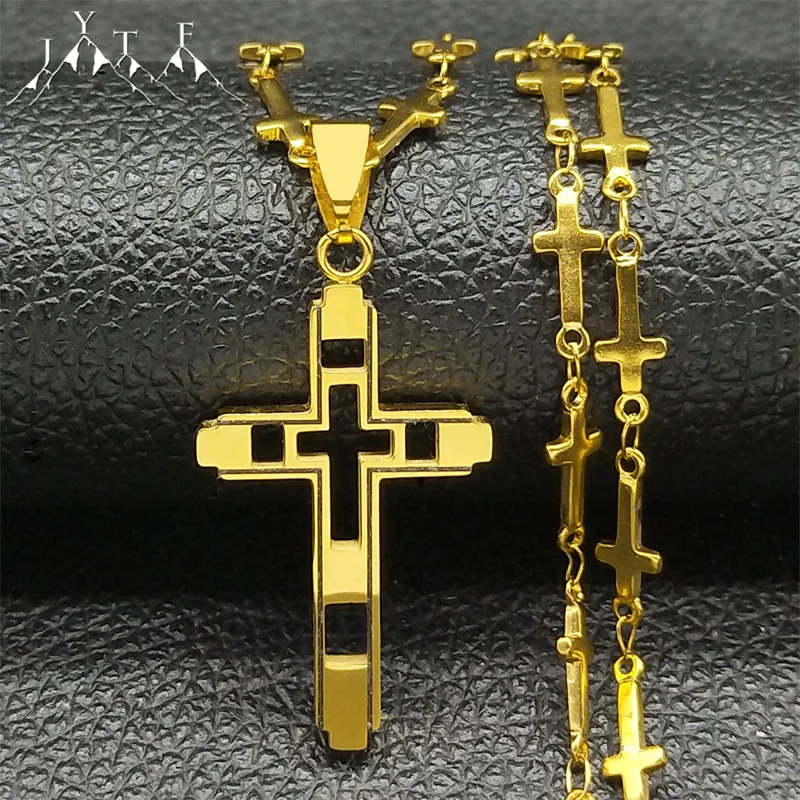 

Hip Hop Christian Double-layer Jesus Cross Stainless Steel Pendant Necklaces Gold Color Cross Chain Necklace Women Men Jewelry