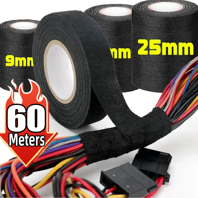 Black Electrical Fabric Tape Heat Resistant Wire Harness Bundle Insulation Auto Wiring Cloth Wrap Waterproof Cable Adhesive Tape