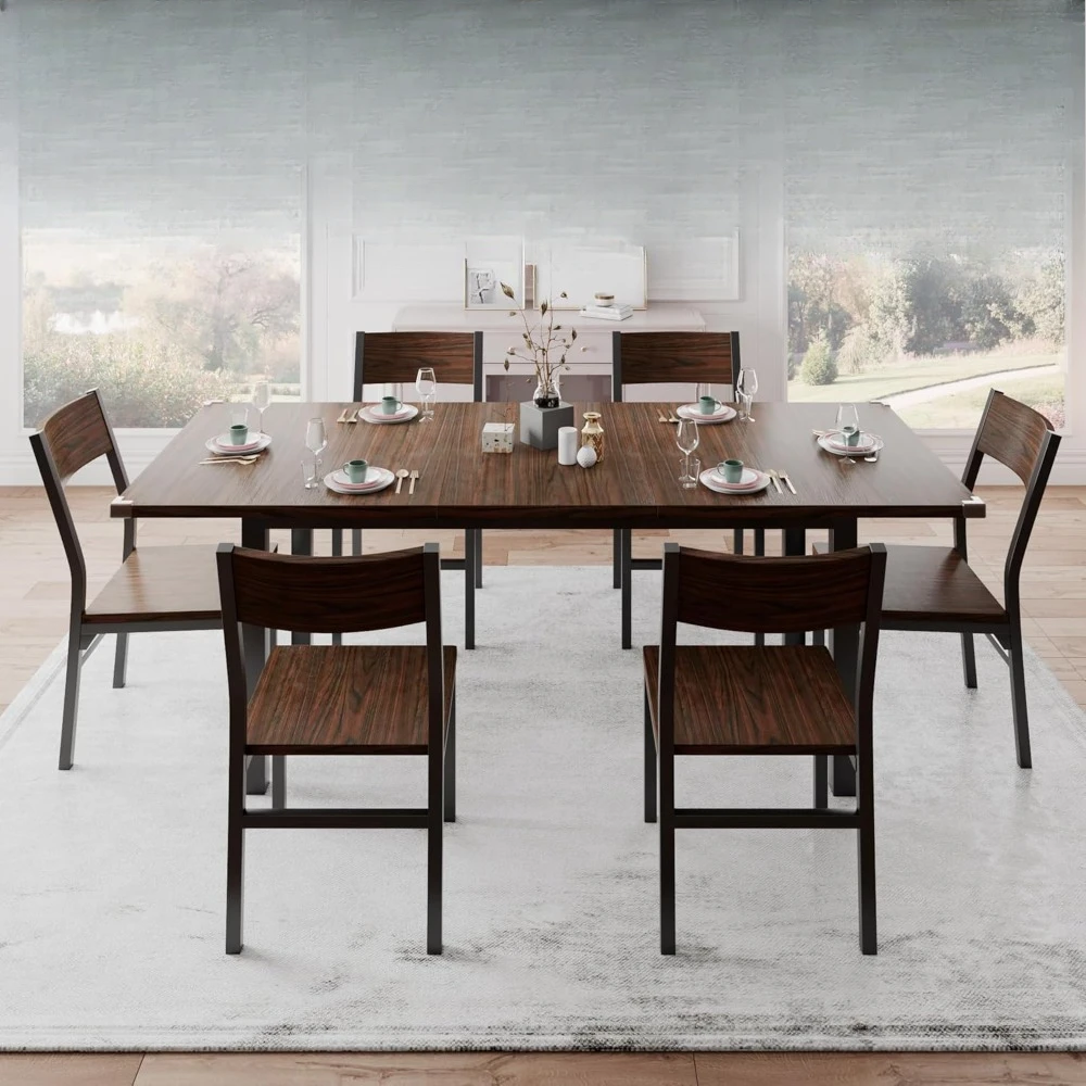 

7-Piece Dining Room Table Set with 6 Chairs, 63" Extendable &, MDF Board & Metal Frame, Dining Room Sets