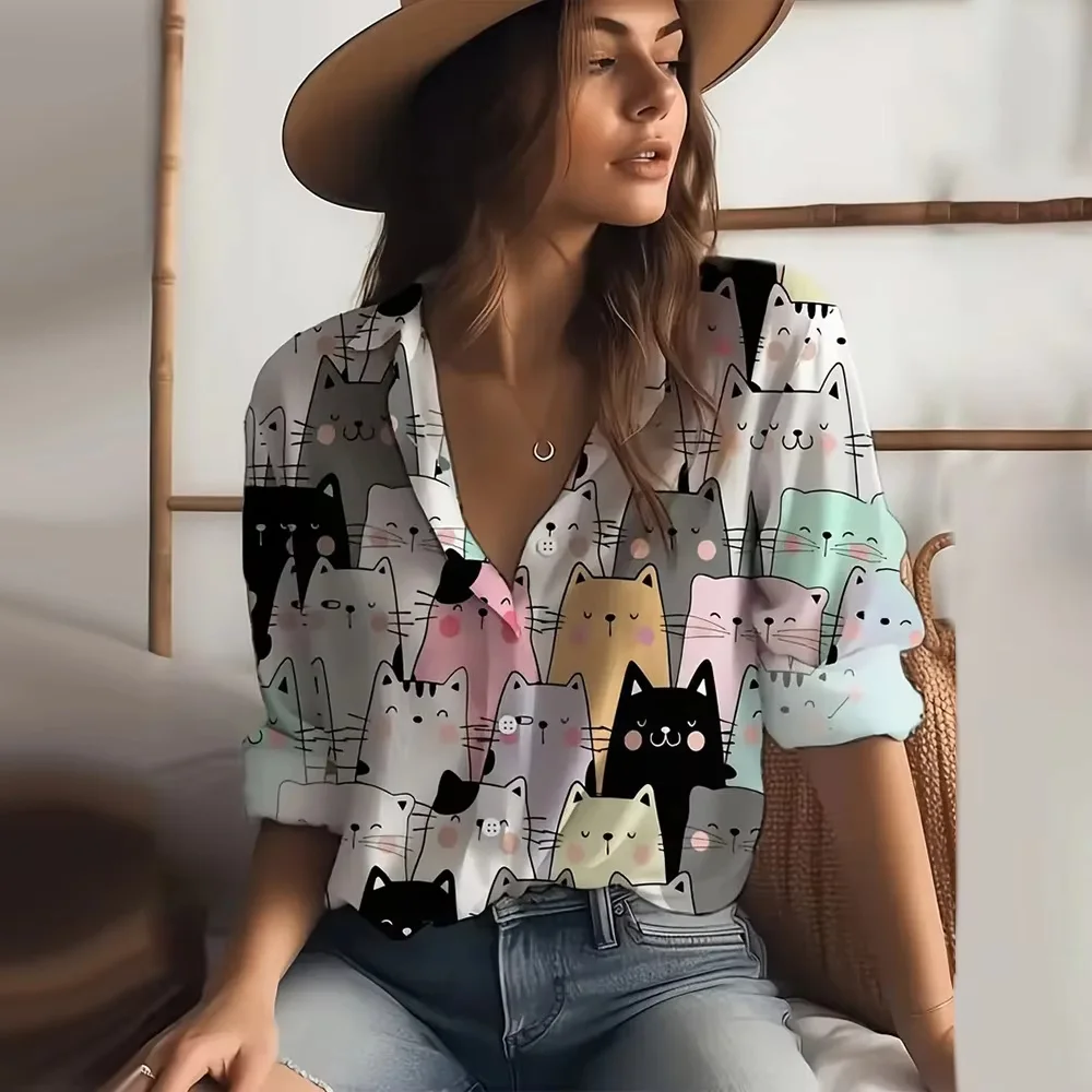 

2025 New Long Sleeve Button-Down Shirts Print Cat Turn-Down Collar Tops For Women Blouse Casual Work Wear