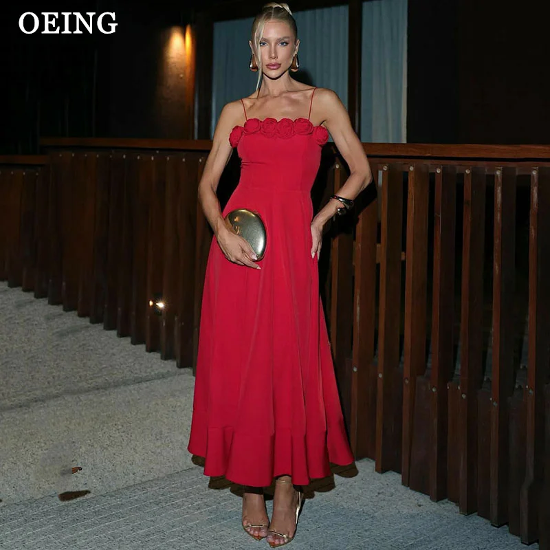 

OEING Red A-Line Prom Dresses Spaghetti Strap Pleats 3d Flowers Party Gowns Ankle-Length Sleeveless Party Dress Customized