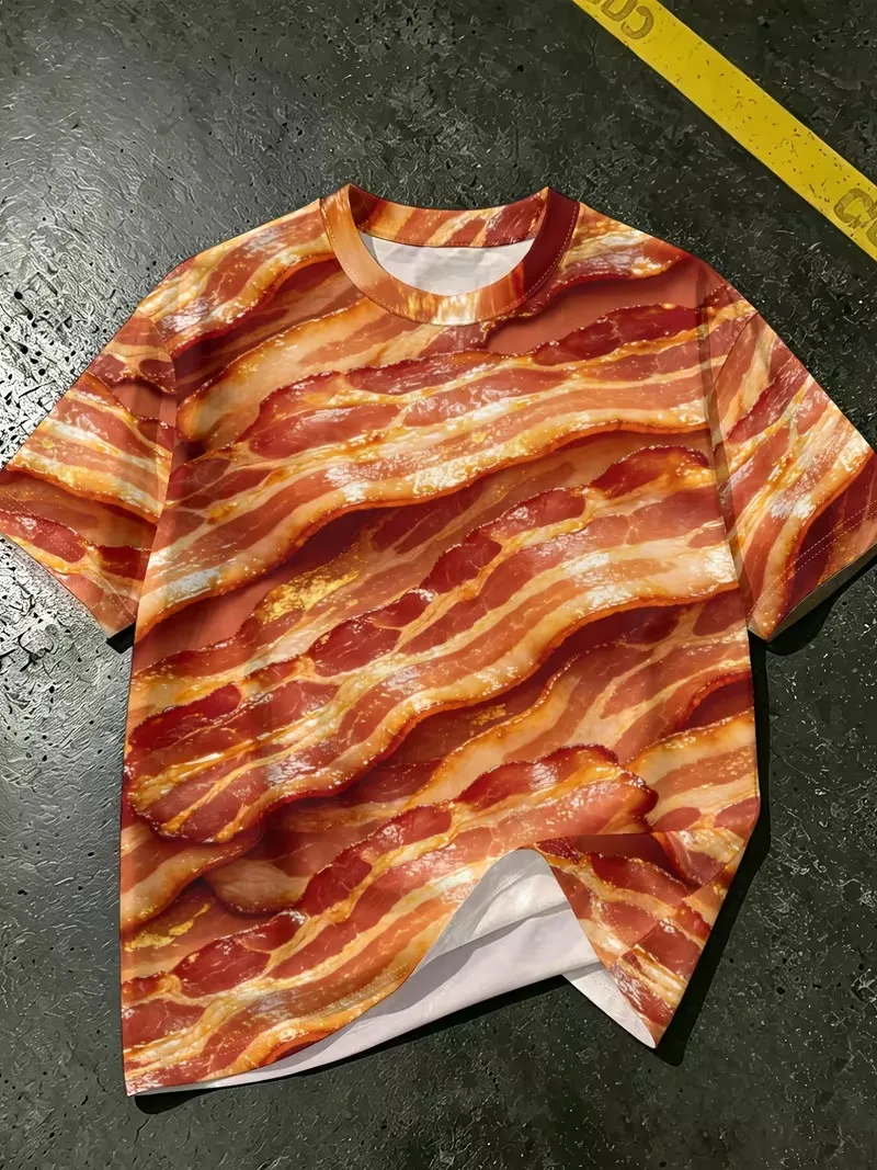 Men Funny 3D Bacon Pork Belly Print T‑Shirt Realistic Meat Graphic Short Sleeve Tee Novelty Party Streetwear Casual Tops
