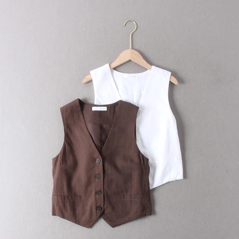 

Linen Blend Crop Vest Women Summer 2025 V-Neck French Style Waist-Defining Sleeveless Blazer Outerwear Waistcoat Female Clothing