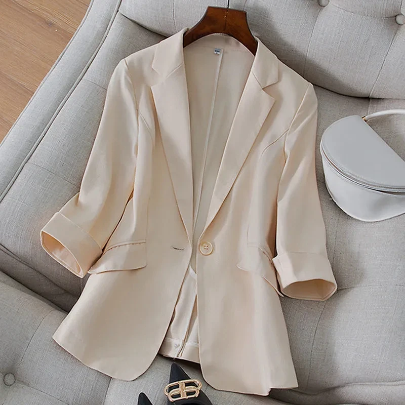 

High Quality Blazers Women Korean Chic Spring Summer Ladies Elegant Small Suit Coat Single Button Solid color Loose Tops