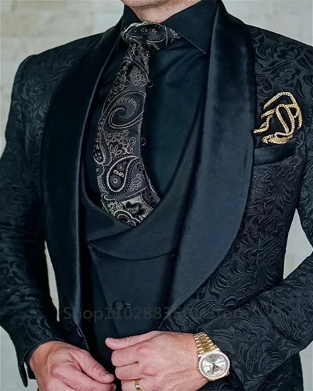 Esmoquin de Jacquard negro para fiesta de boda para novio, chal de solapa, trajes ajustados para hombre, chaleco, pantalones, 3 piezas