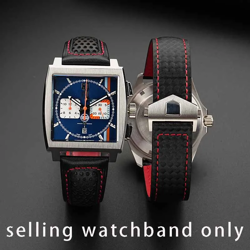 Cowhide Carbon fiber pattern watch strap for TAG Heuer racing diving Monaco F1 breathable hole head layer watchband for men 22mm