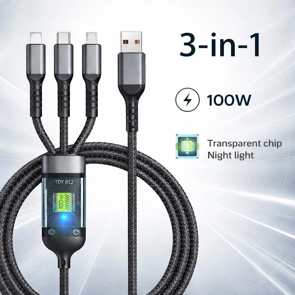 100W 3 in 1 Fast Charging Cable USB Type C Micro IP Transparent 6A Data Charger Cord for iPhone 15 Samsung Huawei Phone