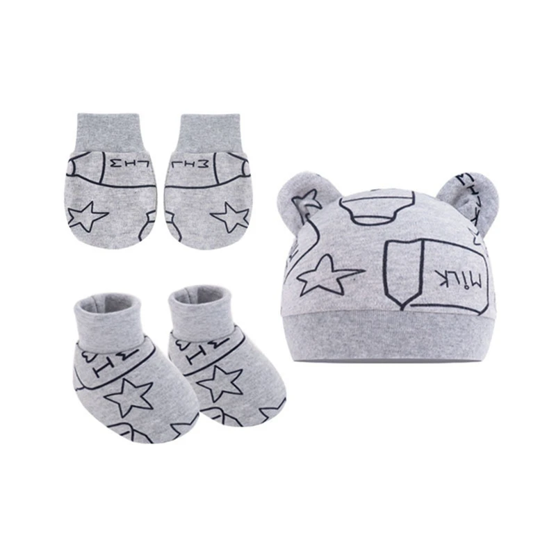 Newborn Baby Hat Gloves Sock Sets For Boys Girls Cotton Cartoon Head-wear Infant Nightcap 3 Pieces Set 0-6M