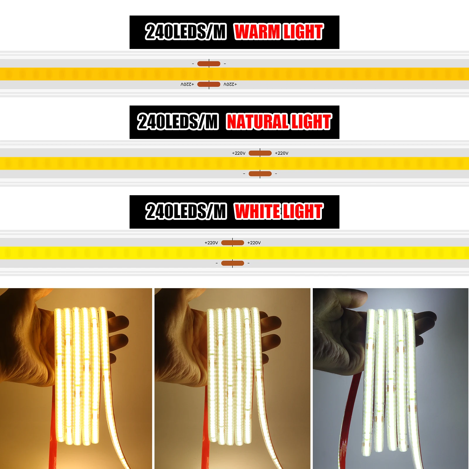 Waterproof Outdoor COB LED Strip 220V High Brightness Adhesive LED Light Tape 240LEDs/m 10cm Cuttable Warm Natural White Light