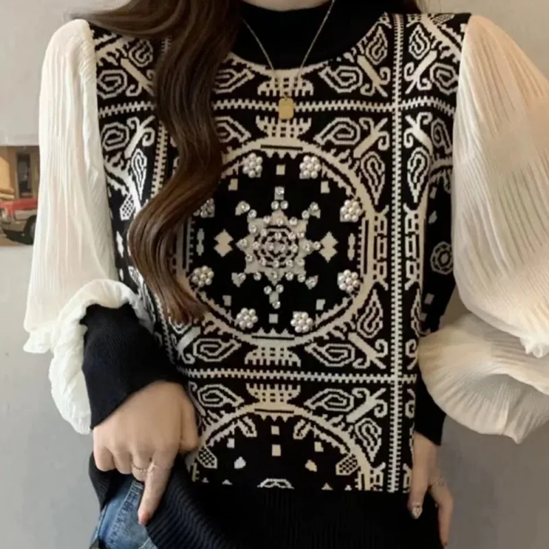 Spring Autumn New Round Neck Long Sleeve Sweater Women High Street Printing Knitting Pullovers Elegant Embroidered Flares Tops