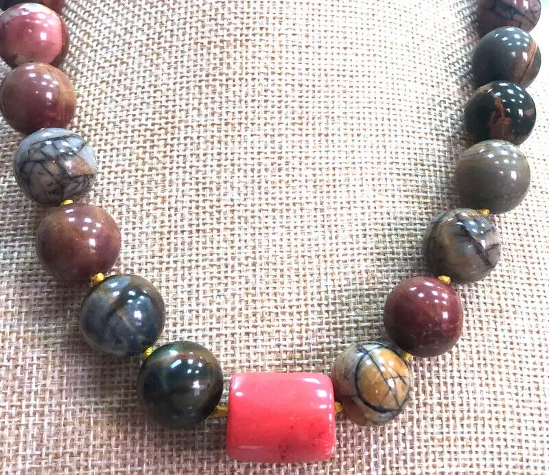 Natural 16mm Multi-color Picasso Jasper Round Gemstone Coral Necklace 18-25