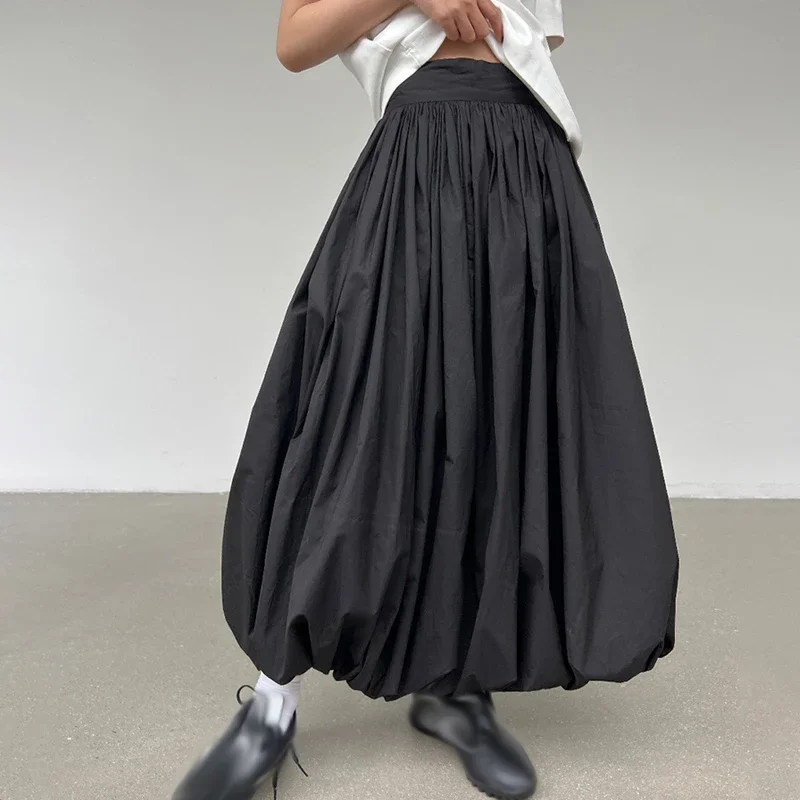

Pleated Skirt Women Elegant Solid Elastic Waist A-line Vintage Korean Fashion Loose Maxi Skirt Casual Streetwear 2024 New