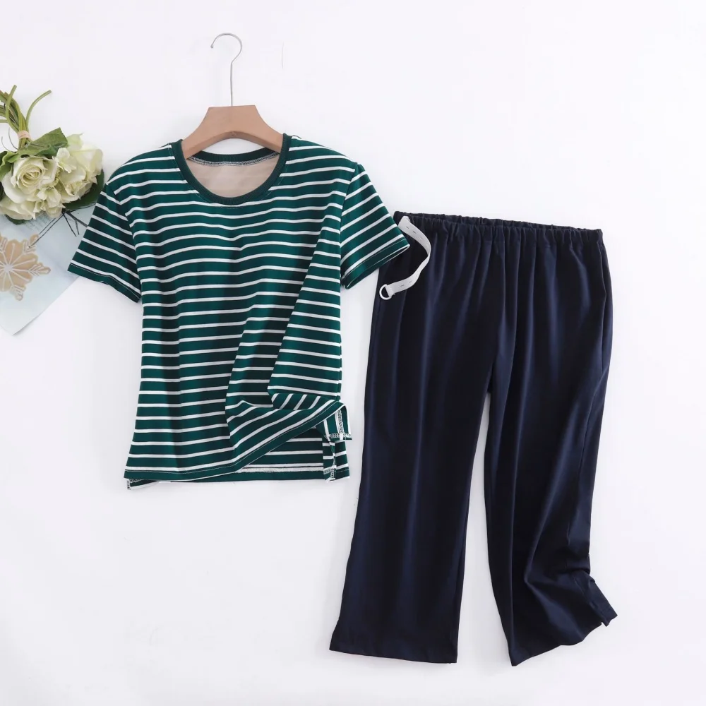 

Полосатая ночная рубашка, женские пижамы, новые комплекты пижам из двух предметов, летние пижамные комплекты с короткими рукавами и чашкой на груди, одежда для сна