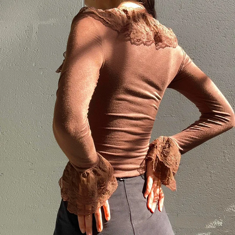 2025 rendas retalhos manga alargamento t camisa feminina com decote em v manga longa t camisas mulher sólida magro curto topo moda roupas femininas