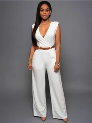 Women's Sexy Deep V Neck Sleeveless Solid Color Jumpsuit Fashion Slim Wrap Hip Elegant Female  Party Office Jumpsuit (with Belt)