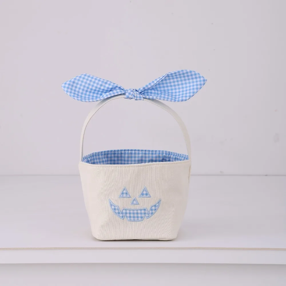 Canvas Fabric Halloween Candy Bucket Pumpkin Embroidery Gingham Cotton Lining Candy Pail Reusable Lightweight