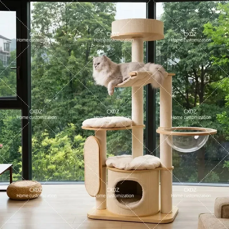 Solid Wood Cat Climbing Frame Small Apartment Space Saving Cat Tree with Nest Large Universal All Seasons Pet Furniture