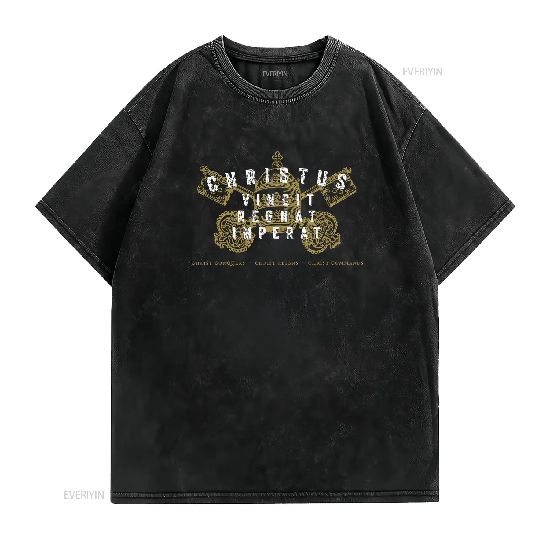 Christus Vincit Catholic Men's T Shirt Christ Conquers Reigns Commands Traditional Men s TLM Latin Mass vintage Washed Unisex