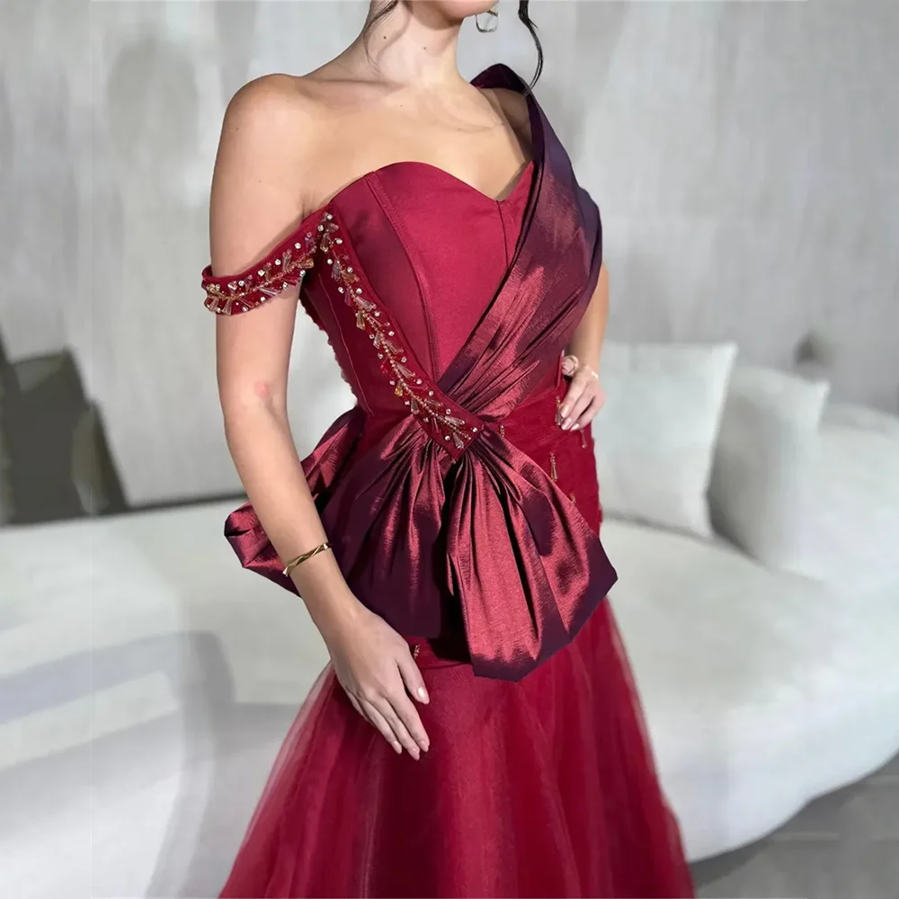 

Sweetheart Red Tulle Mermaid Evening Dresses Beading Appliques Party Prom Gowns Trumpet Evening Prom Dresses Customized 2025