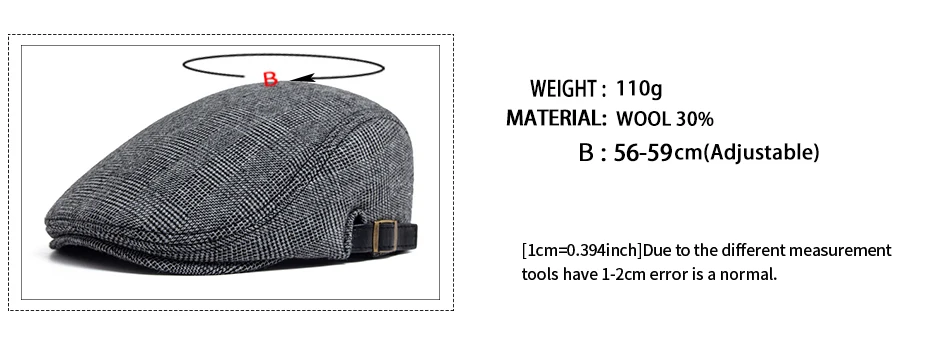 Wolle Vintage Baskenmütze Männer Winter Plus Samt Warme Flache Hut Lässige Berets Retro Mode Zeitungsjunge Mütze männer Zweireiher Einstellbar – Detail 3