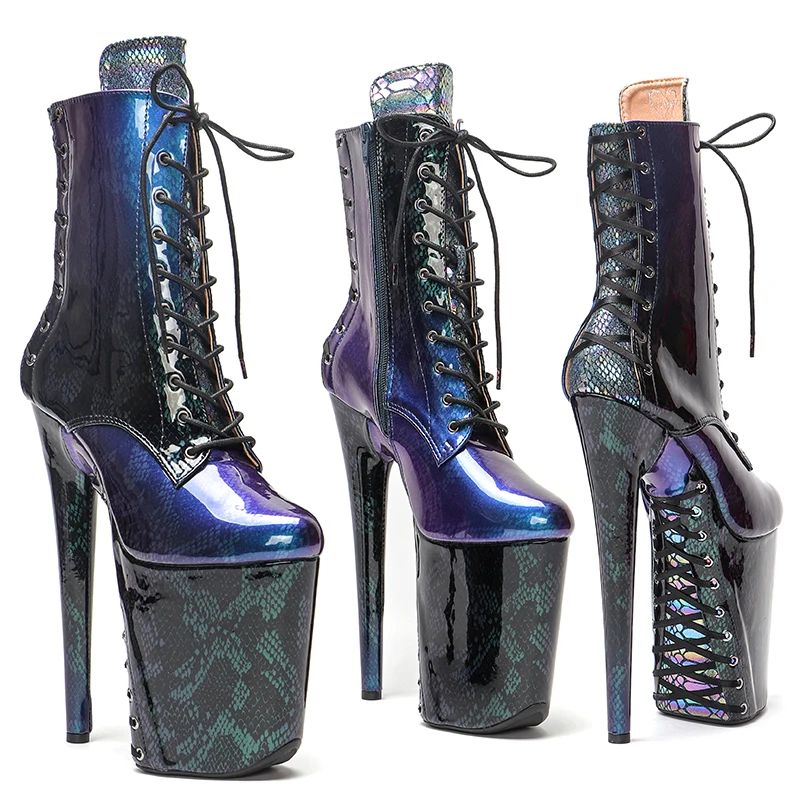 Leecabe  23CM/9inches  Shiny Snake PU Gradient color Lace-up Trend fashion Heels stripper platform  High heel Pole Dance boots