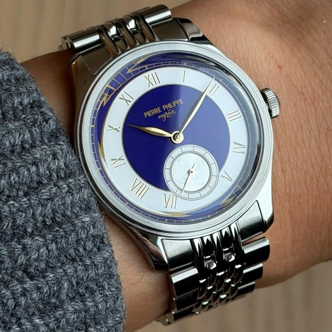 Purple Enamel Engraved Men's Hand-Wound Mechanical Watch, Roman Numerals, Niche Vintage Watch