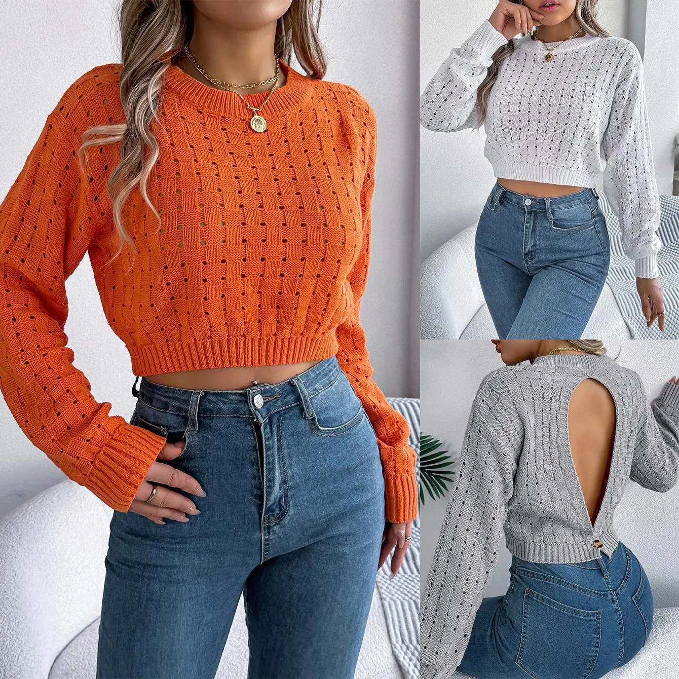 

Sexy Bal Long Sve Knitted Sweater with Buttons Hollow out Design Overhead Cross-Border Women's Faion Autumn Winter