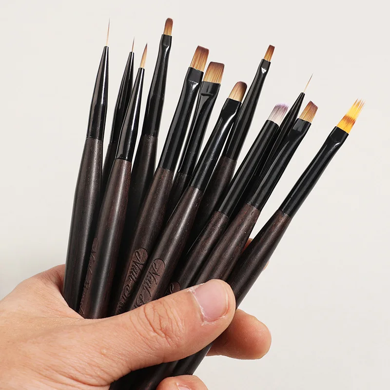 1/12PCS Ronde Houten Handvat Tekening Borstels Voor Manicure Lijnen Schilderen Gradiënt UV GEL Uitbreiding Builder Tekening pen Sandelhout