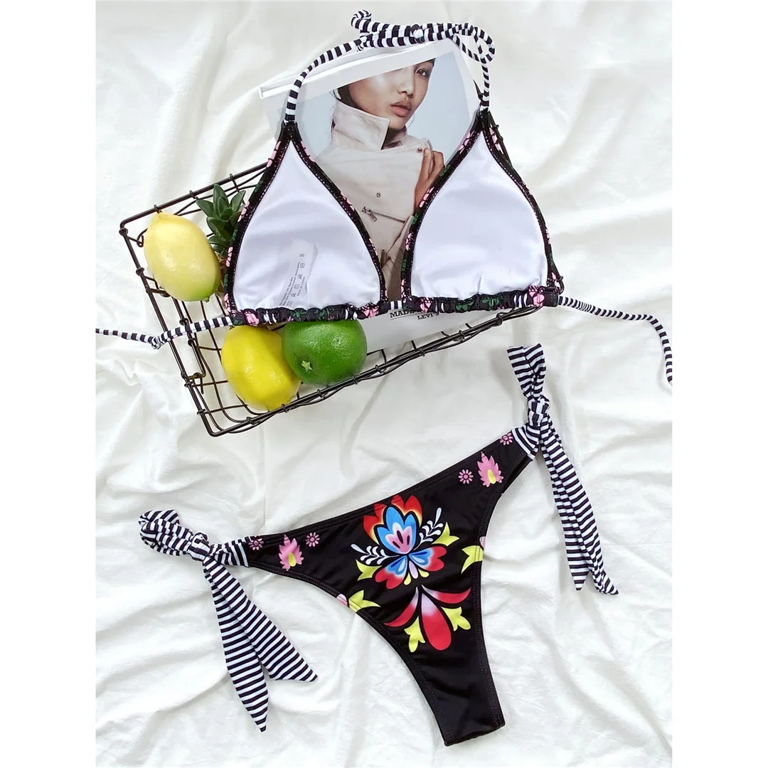 Brasilianische Damen-Bademode, Blumenmuster, Neckholder-Bikini, zweiteiliger Bikini-Set, Badeanzug, Damen-Badebekleidung, V3394 – Detail 10
