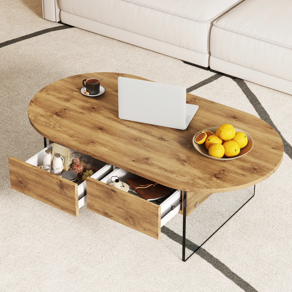 

Double-drawer Coffee Table: MDF sticker top, transparent glass sides, simple elegant design, great storage function.