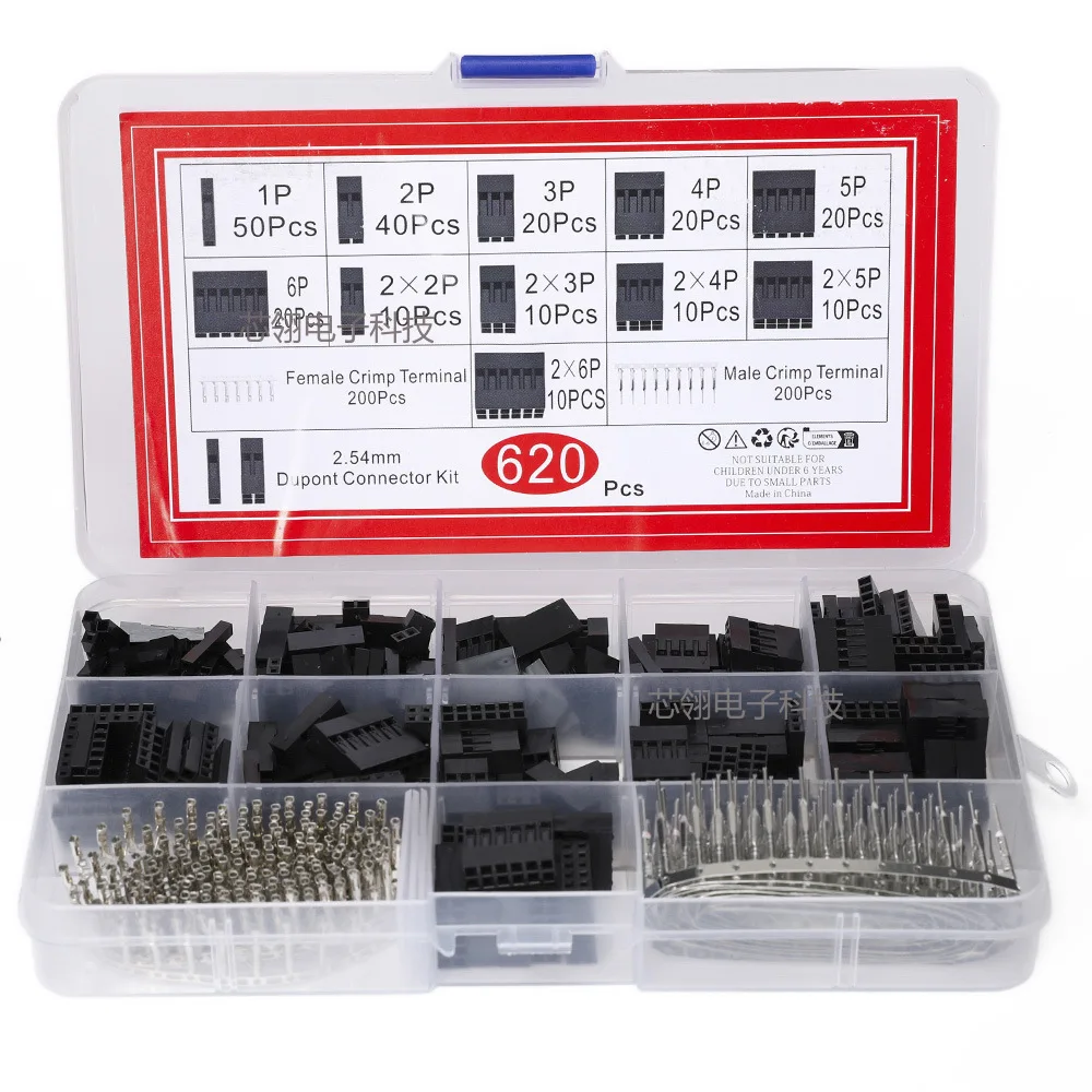 620PCS/box Dupont Connector 2.54mm Jumper Wire Housing Kit with Male/Female Crimp Pins and Header Terminal Connectors
