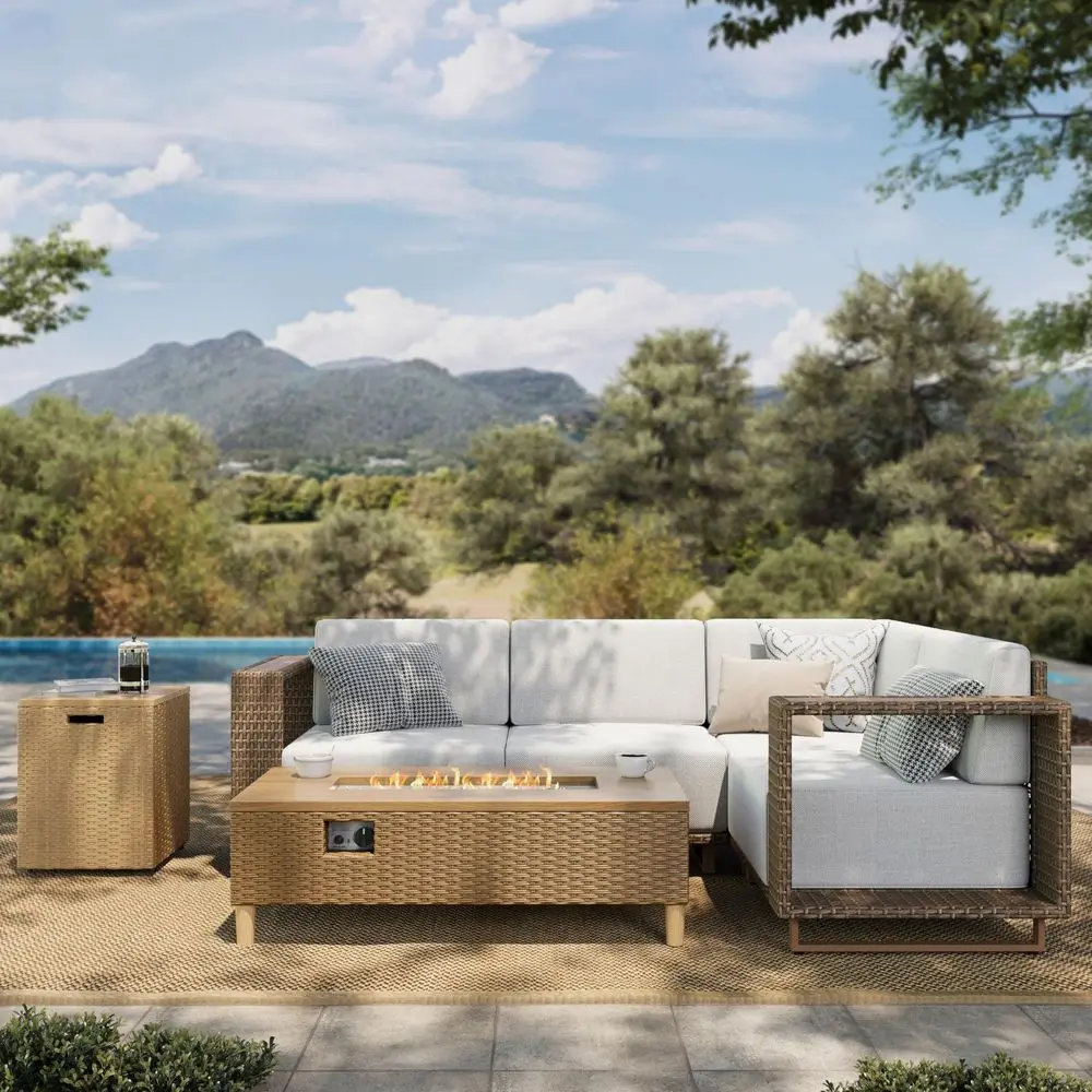 

HOUSE Patio Furniture Set with Fire Pit, 5 Pieces LShape Sectional Outdoor Wicker Couch Sofa, Yellow Rattan Conversation Set wi